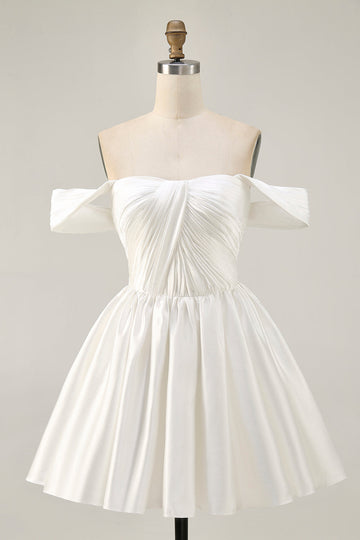 Ruched Off The Shoulder White Short Prom Dress